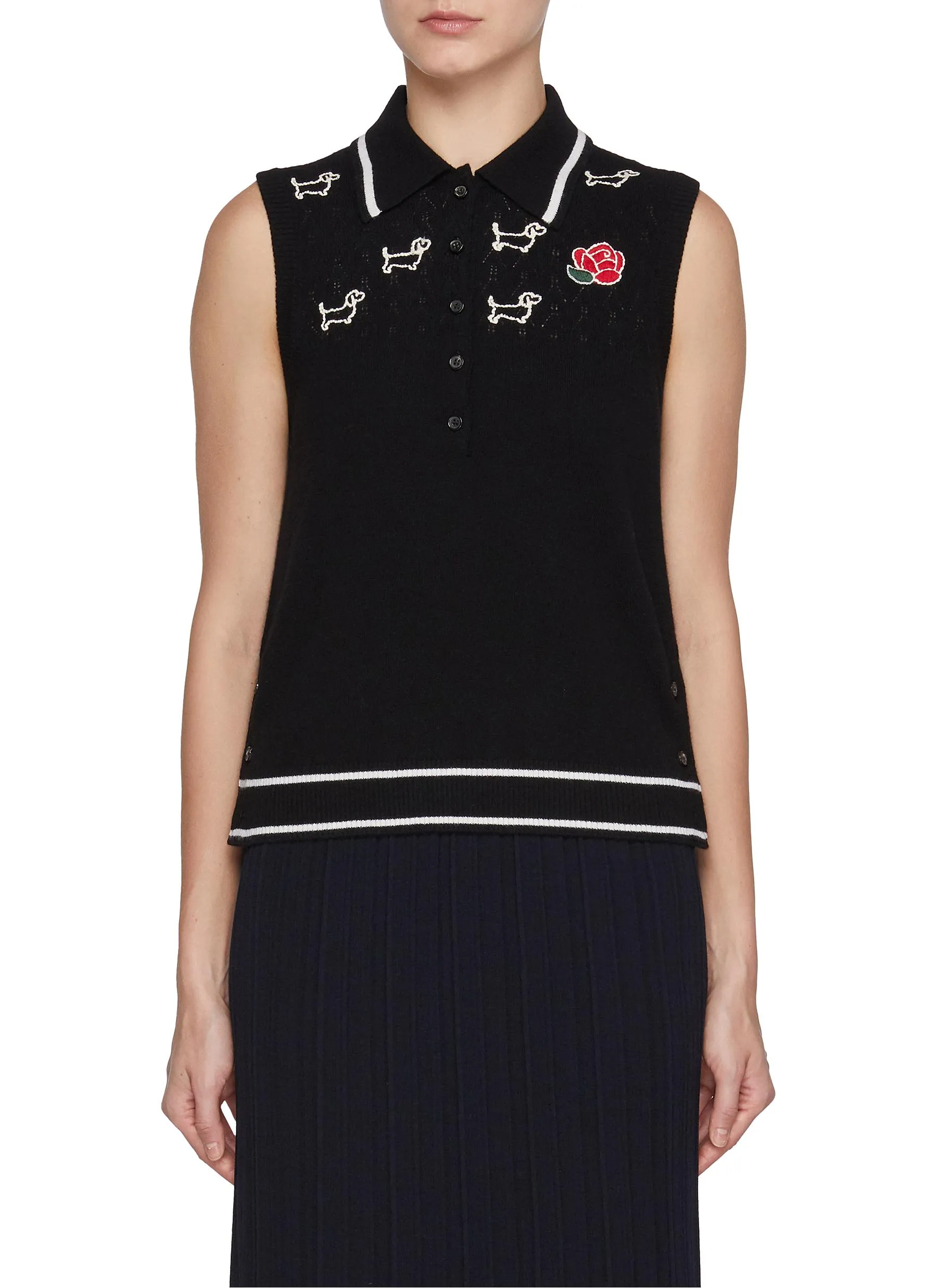 -----------THOM BROWNE  ---- ------------ ----Hector & Rose Embroidered Sleeveless Wool Polo Top --