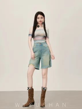 062 Wang Youshan denim shorts women's high-waisted summer loose wide-leg shorts thin mid-length straight pants