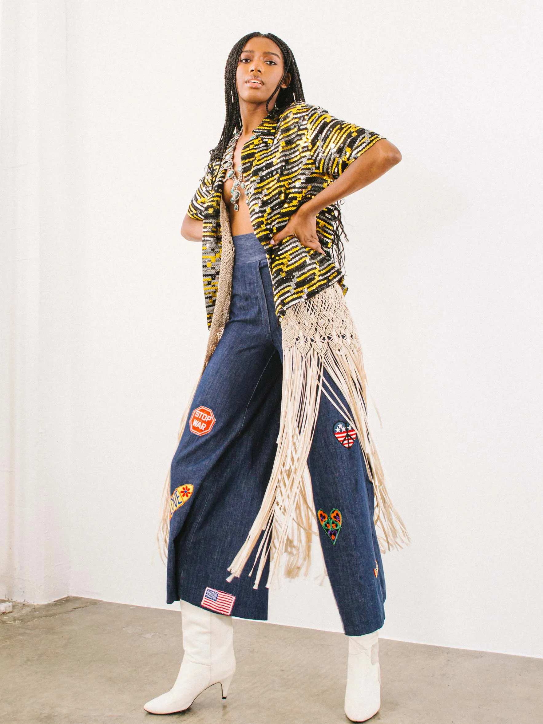 1970s Patched Denim Wide Leg Pants