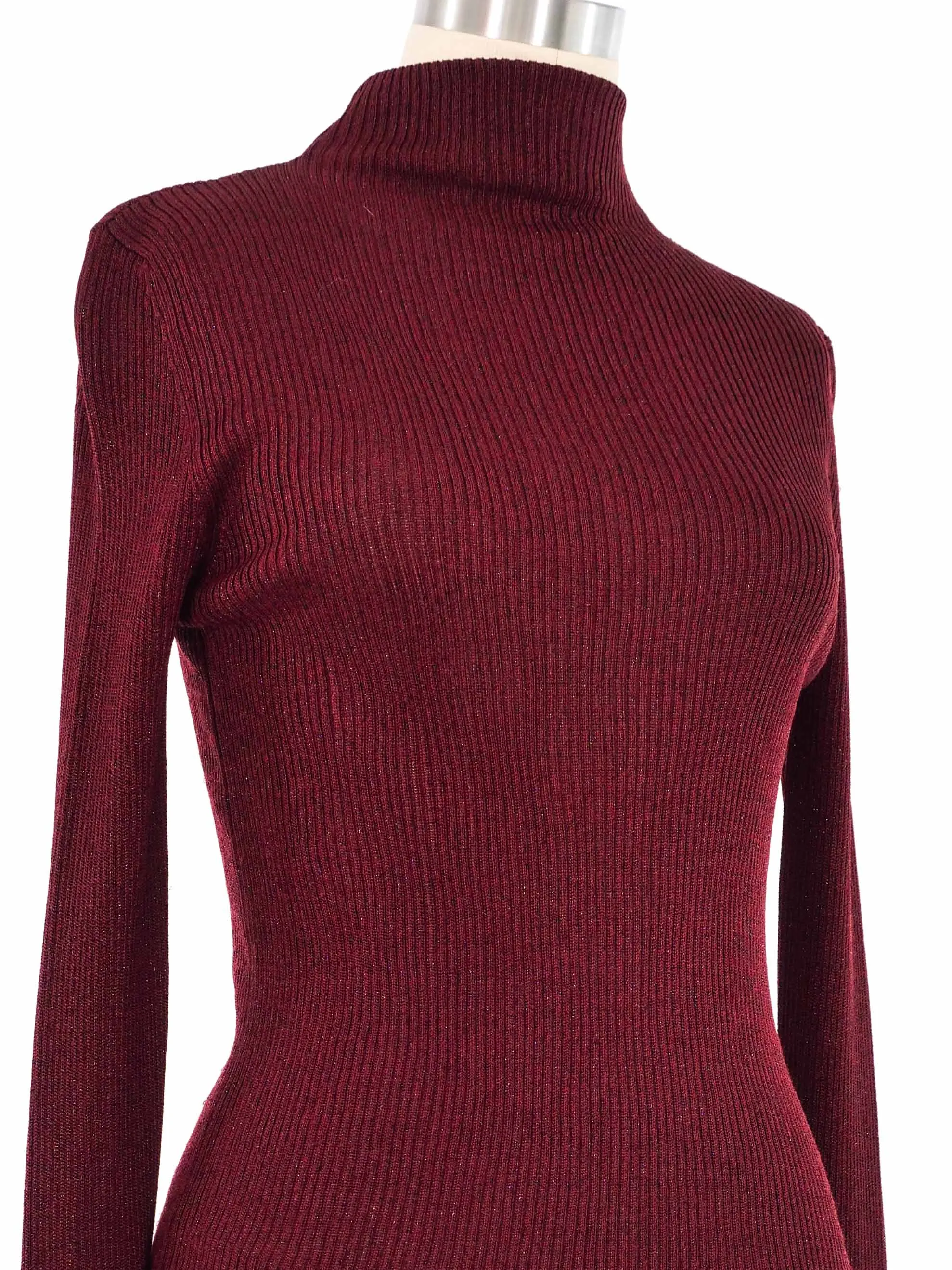 1980s Callaghan By Gianni Versace Burgundy and Black Metallic Turtleneck Top