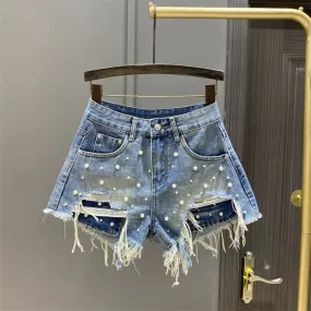 2024 summer design niche heavy industry beaded high-waist denim shorts women's ripped raw edge a-line wide-leg hot pants