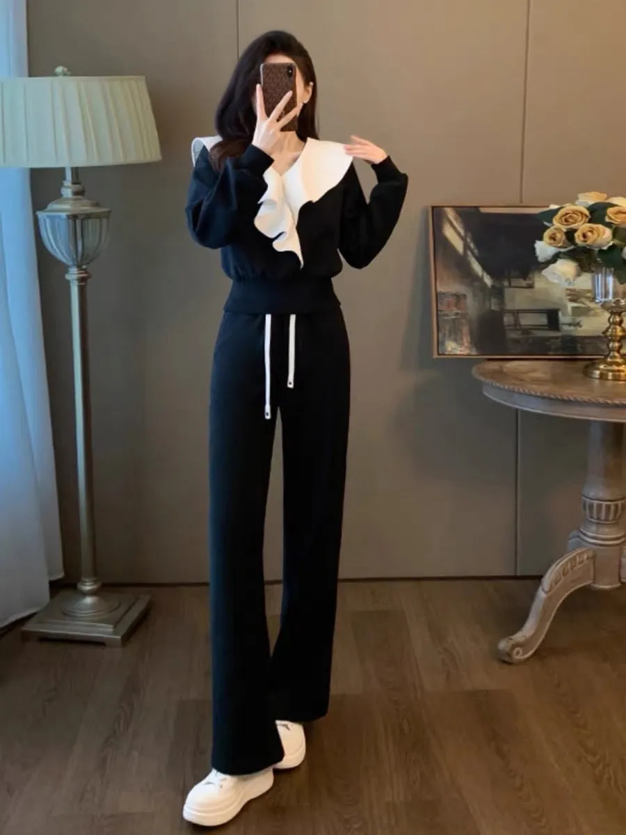 A complete set of autumn trendy outfits for women 2023 new autumn style fashionable wide-leg pants two-piece set