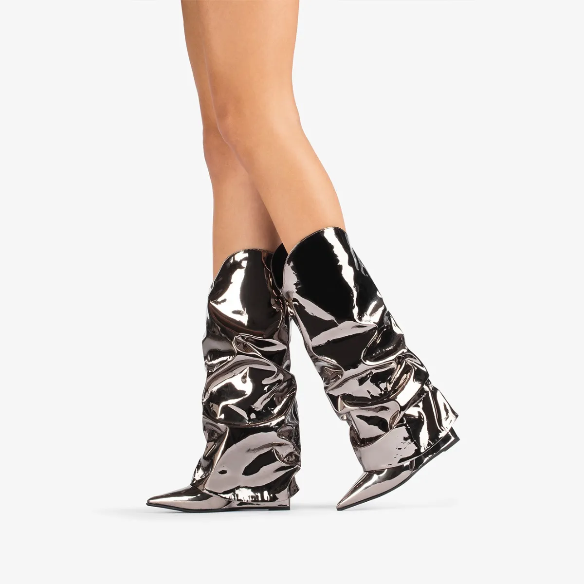 ANDY COWBOY BOOT 120 mm Pewter metallic cuffed Western-inspired knee boot