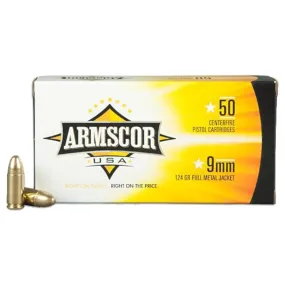 ARMSCOR USA Full Metal Jacket Range Pistol Ammunition - 50rd Box - 9mm - 124GR