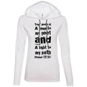 Bible Verse Ladies' Long Sleeve T-Shirt Hoodie - Your Word Is Light To My Path ~Psalm 119:105~ Design 6 (Black Font)