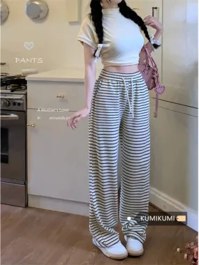 Black and white striped pants, walking pants, casual pants, women's spring and autumn high-waisted wide-leg pants, straight-leg 