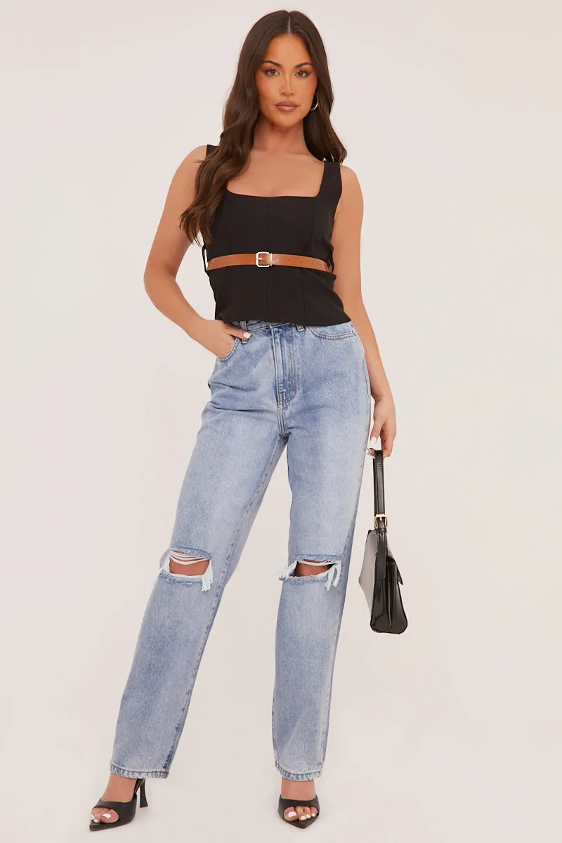 Black Belt Detail Square Neck Sleeveless Top - Lucee