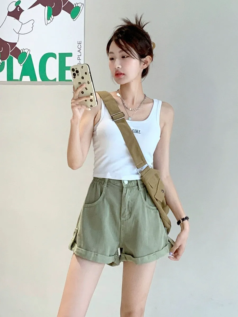 Blin's green denim shorts for women 2024 summer new style high-waisted loose slimming curled a-line flesh-covering wide-leg pant