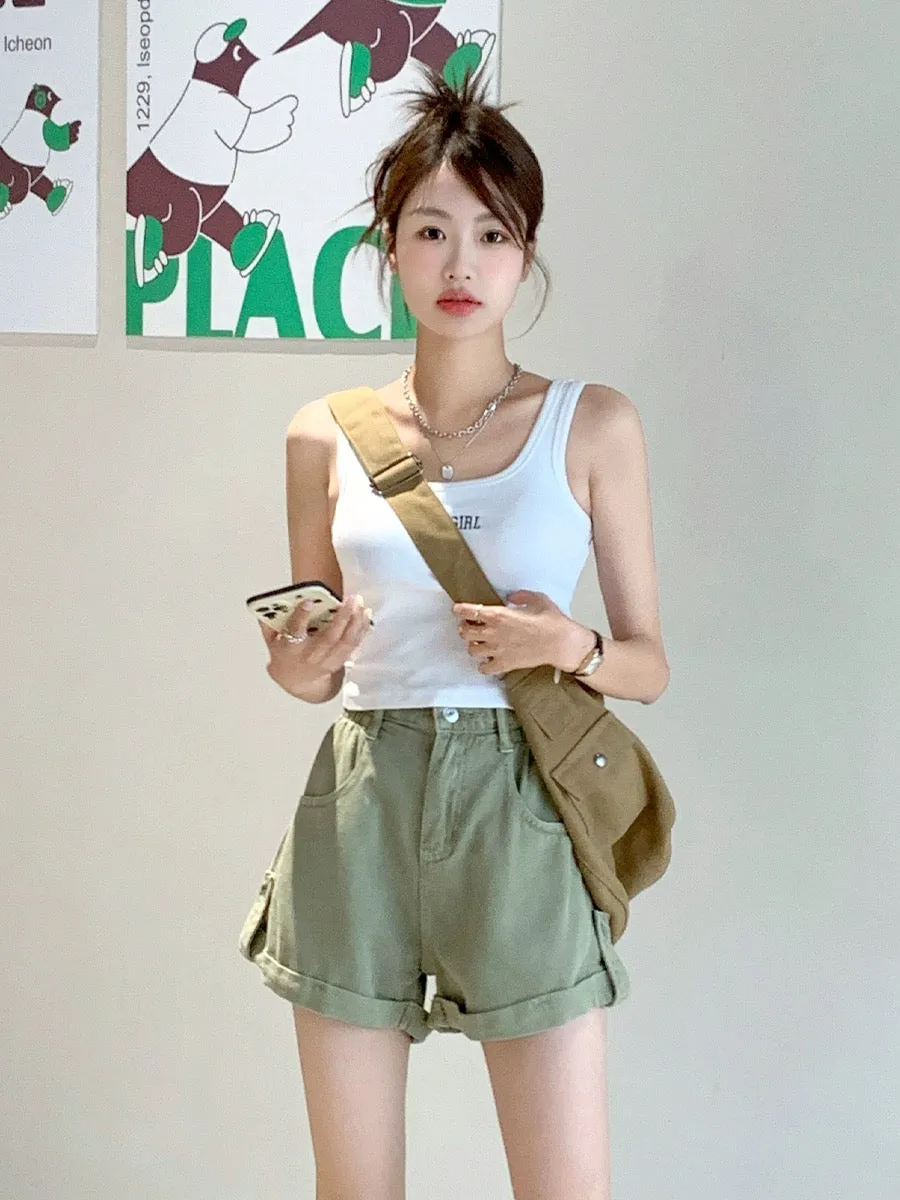 Blin's green denim shorts for women 2024 summer new style high-waisted loose slimming curled a-line flesh-covering wide-leg pant