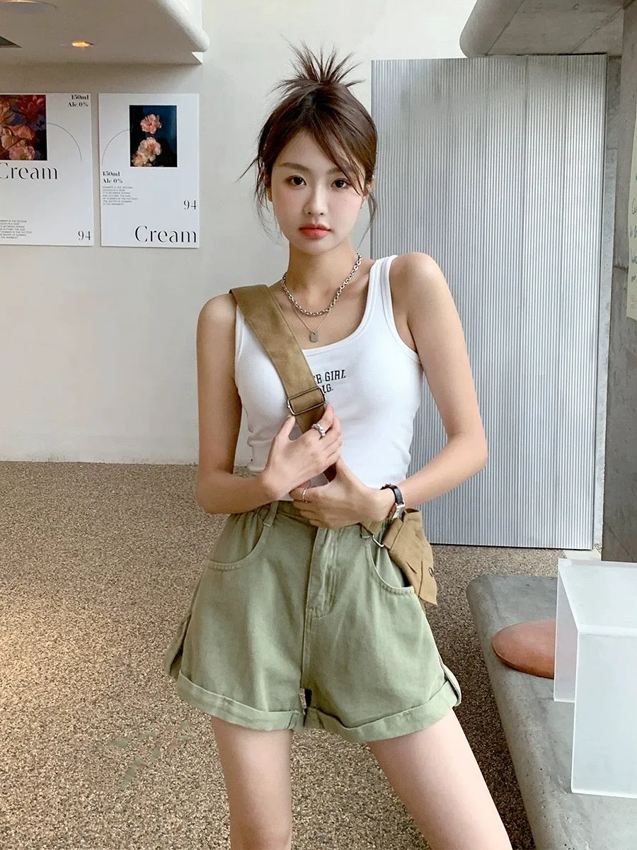 Blin's green denim shorts for women 2024 summer new style high-waisted loose slimming curled a-line flesh-covering wide-leg pant