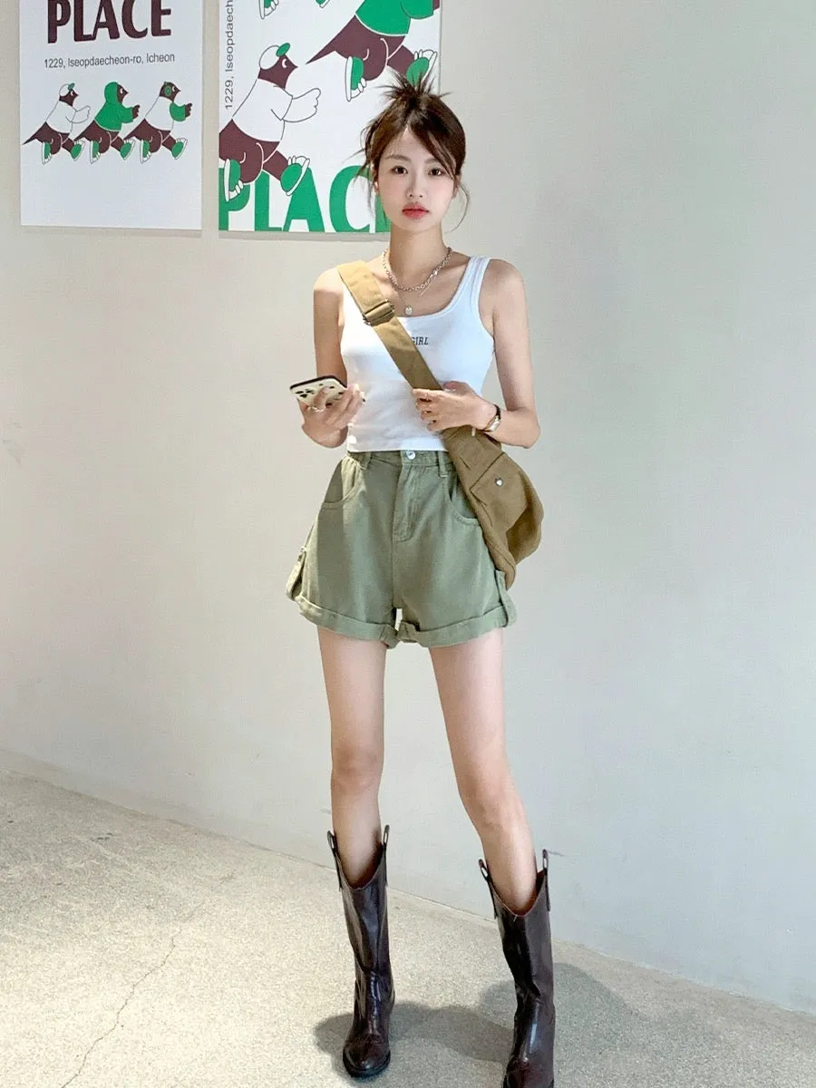 Blin's green denim shorts for women 2024 summer new style high-waisted loose slimming curled a-line flesh-covering wide-leg pant