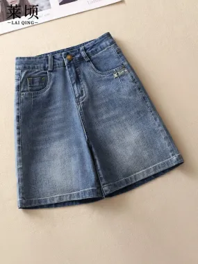 Blue denim shorts for women summer 2024 new thin style slim high-waisted wide-leg pants versatile fashionable A-line mid-pants