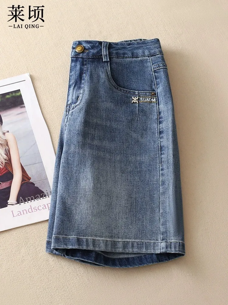 Blue denim shorts for women summer 2024 new thin style slim high-waisted wide-leg pants versatile fashionable A-line mid-pants