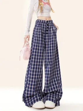 Blue Plaid Straight Casual Pants Women's 2024 Autumn New Lazy Wide Leg Loose Breasted Design Floor-Mopping Pants