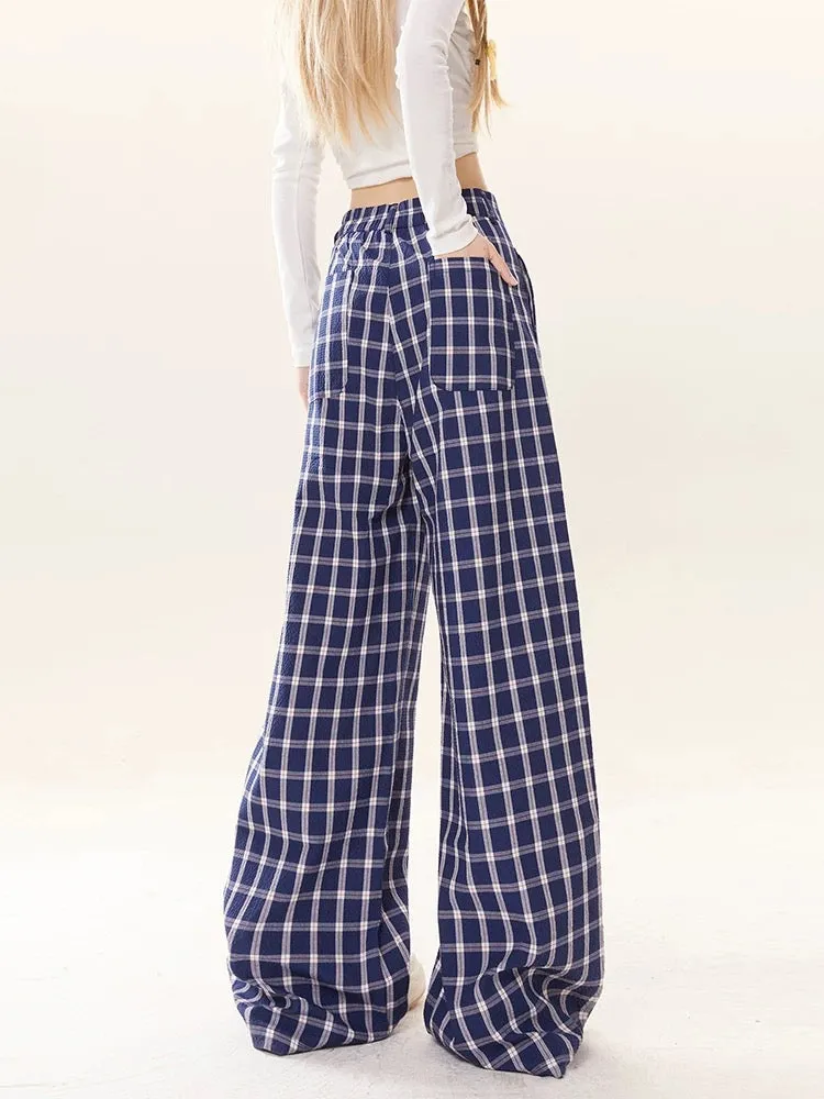 Blue Plaid Straight Casual Pants Women's 2024 Autumn New Lazy Wide Leg Loose Breasted Design Floor-Mopping Pants