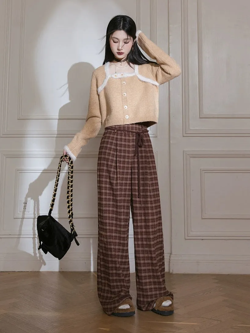 Brushed Plaid Wide Leg Pants