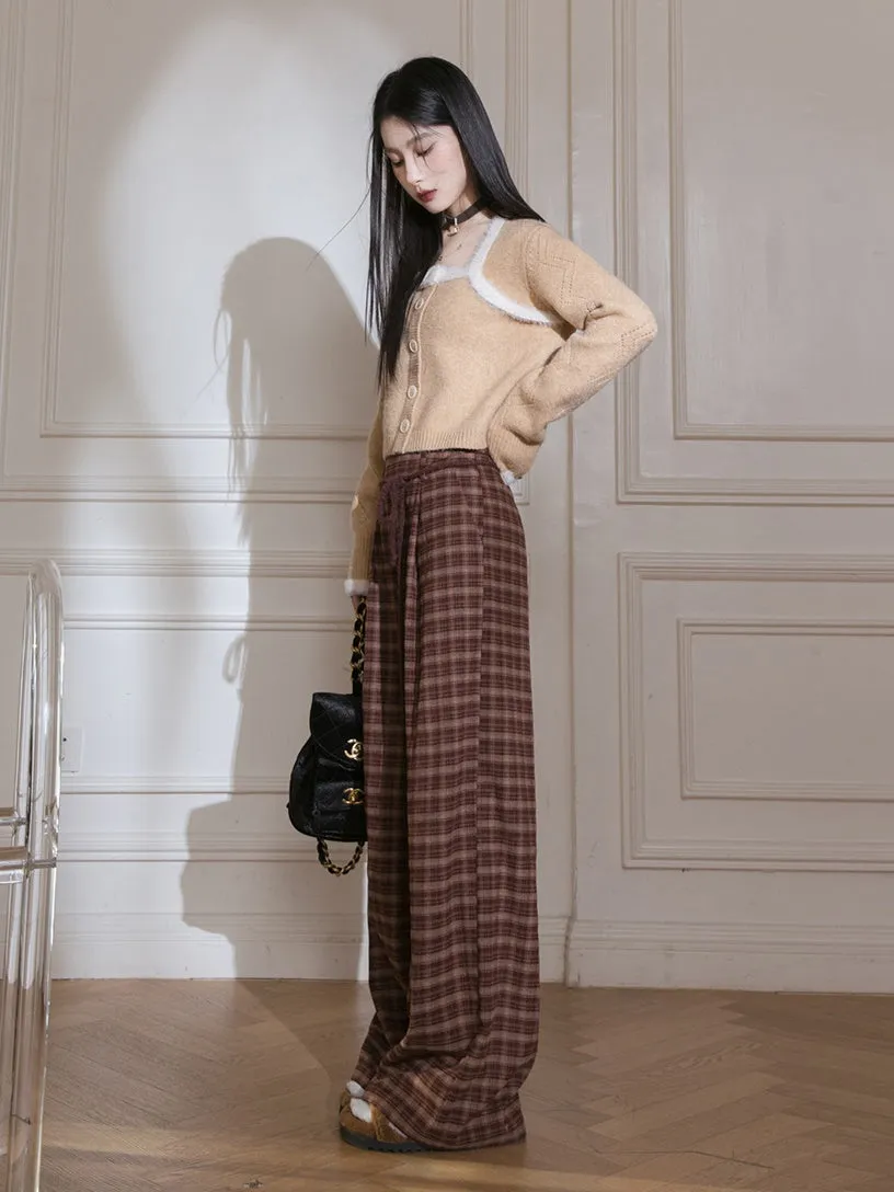 Brushed Plaid Wide Leg Pants