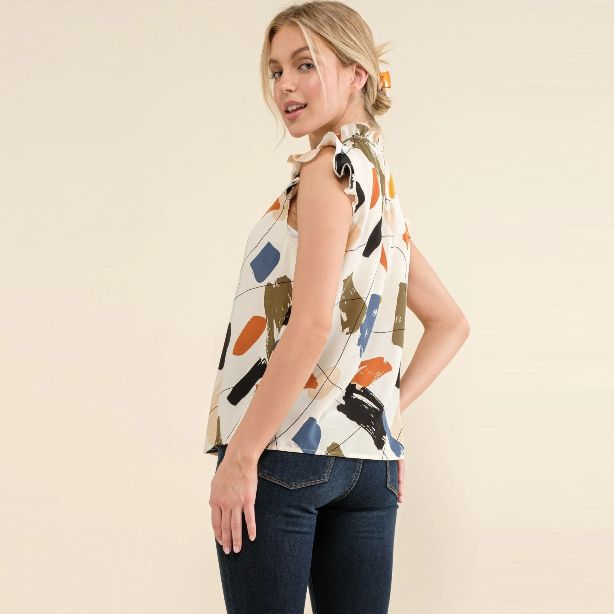 Colored Print Ruffle Detailed Sleeveless Top (Multi)