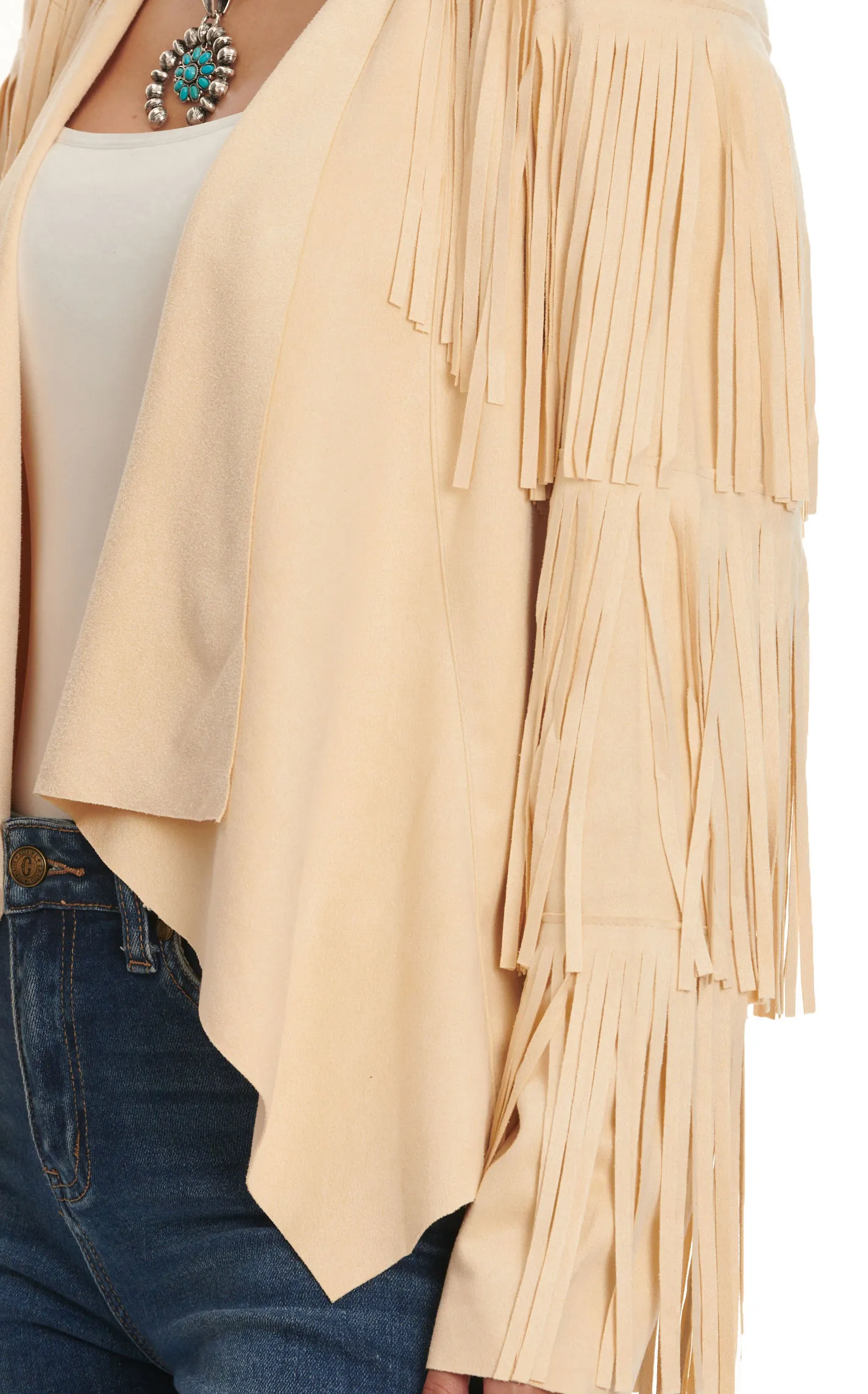 Cowgirl Legend Women's Cream Long Fringed Faux Suede Jacket