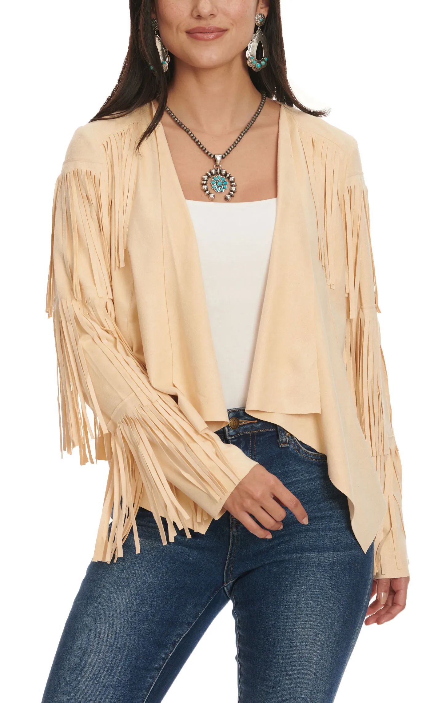 Cowgirl Legend Women's Cream Long Fringed Faux Suede Jacket