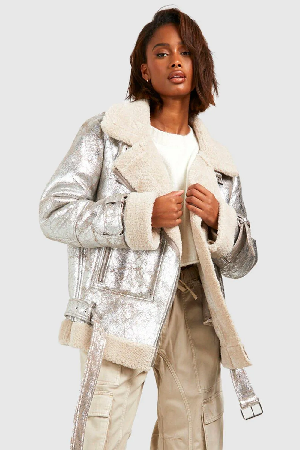 Cracked Metallic Longline Aviator Jacket