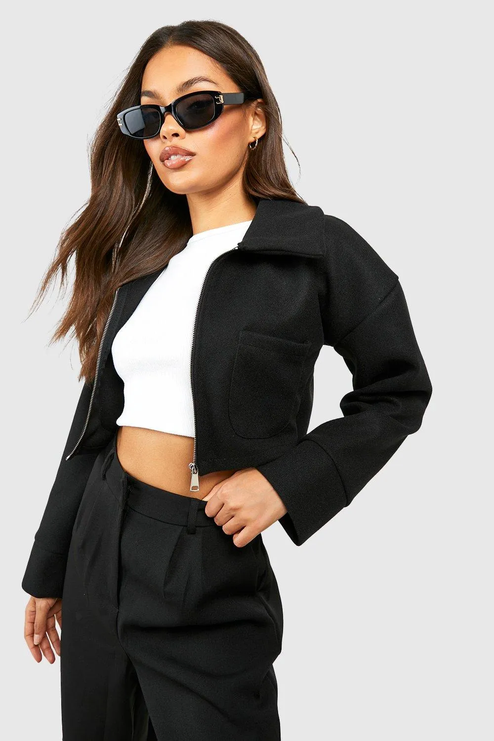 Cropped Wool Look Zip Jacket