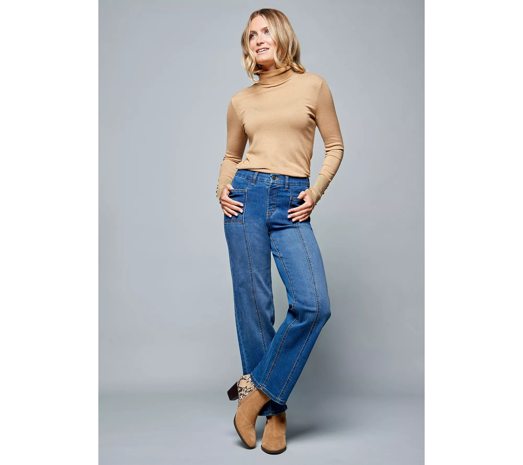 Denim & Co. Easy Stretch Regular Wide Leg Jeans with Seam Details