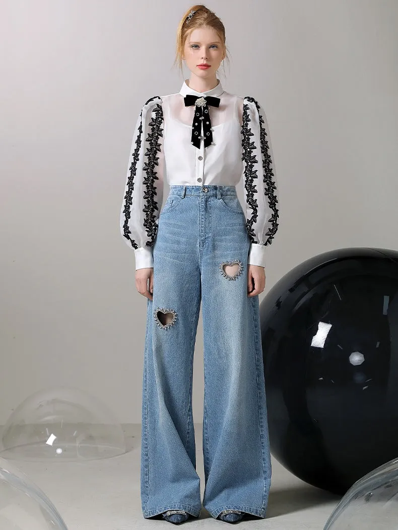 Denim Heart-Cut Bijou Nichi Wide-Pants