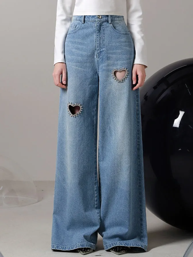 Denim Heart-Cut Bijou Nichi Wide-Pants