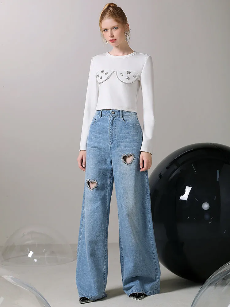 Denim Heart-Cut Bijou Nichi Wide-Pants