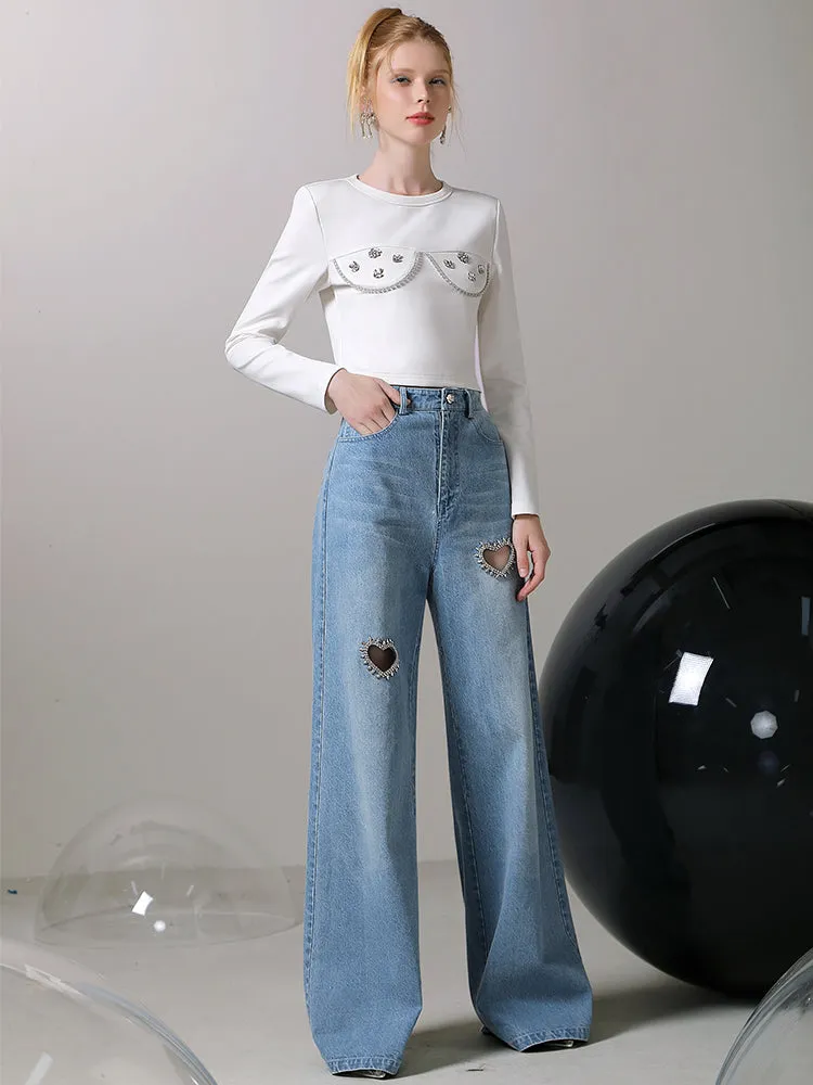 Denim Heart-Cut Bijou Nichi Wide-Pants