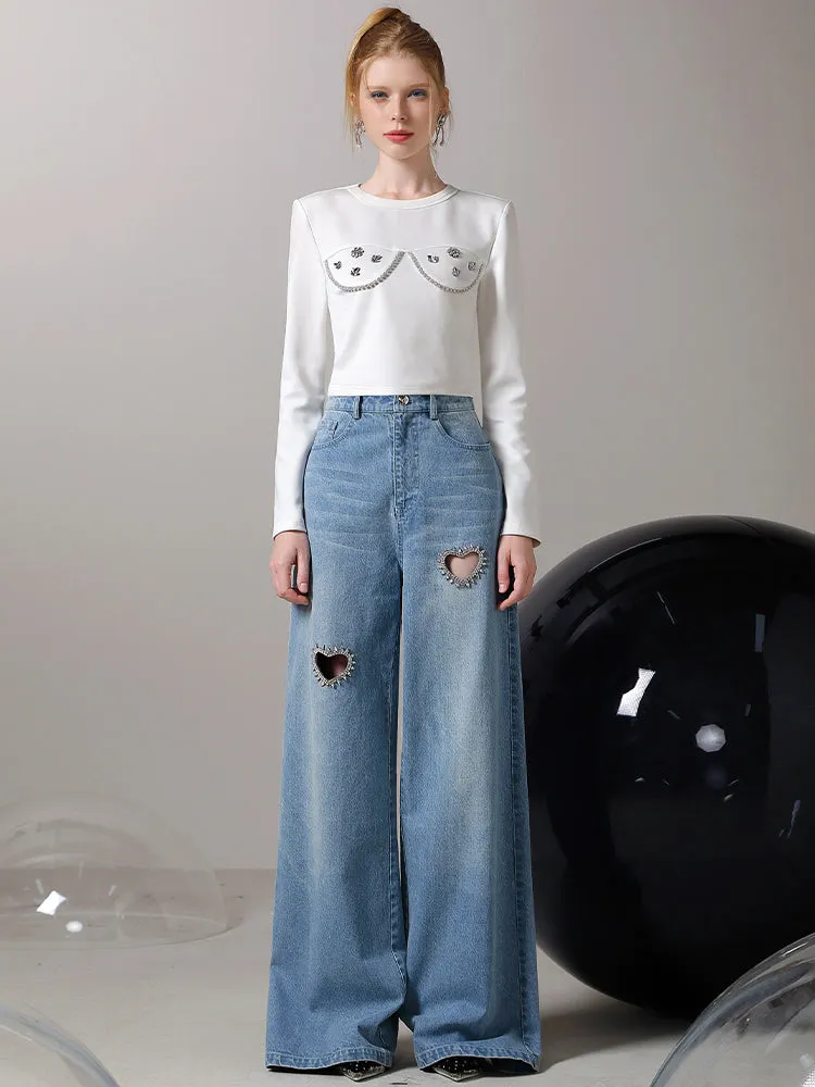 Denim Heart-Cut Bijou Nichi Wide-Pants