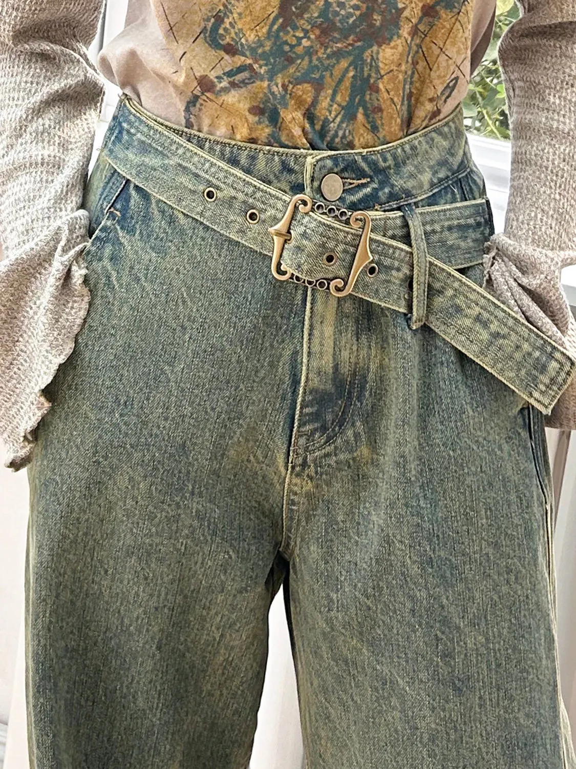 Denim High-Waist Belt Straight Casual Wide-Pants