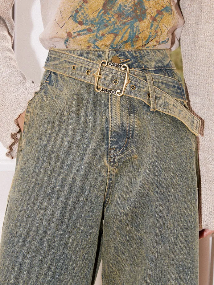 Denim High-Waist Belt Straight Casual Wide-Pants