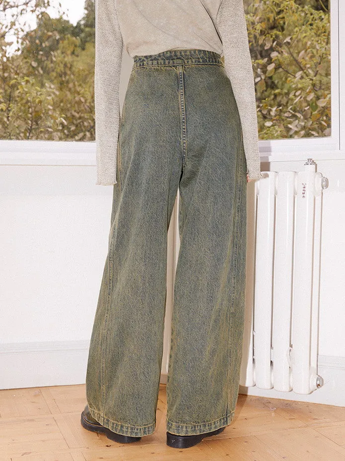 Denim High-Waist Belt Straight Casual Wide-Pants