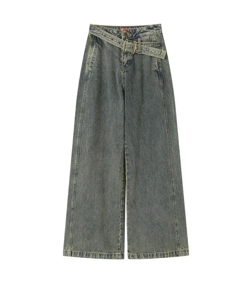 Denim High-Waist Belt Straight Casual Wide-Pants