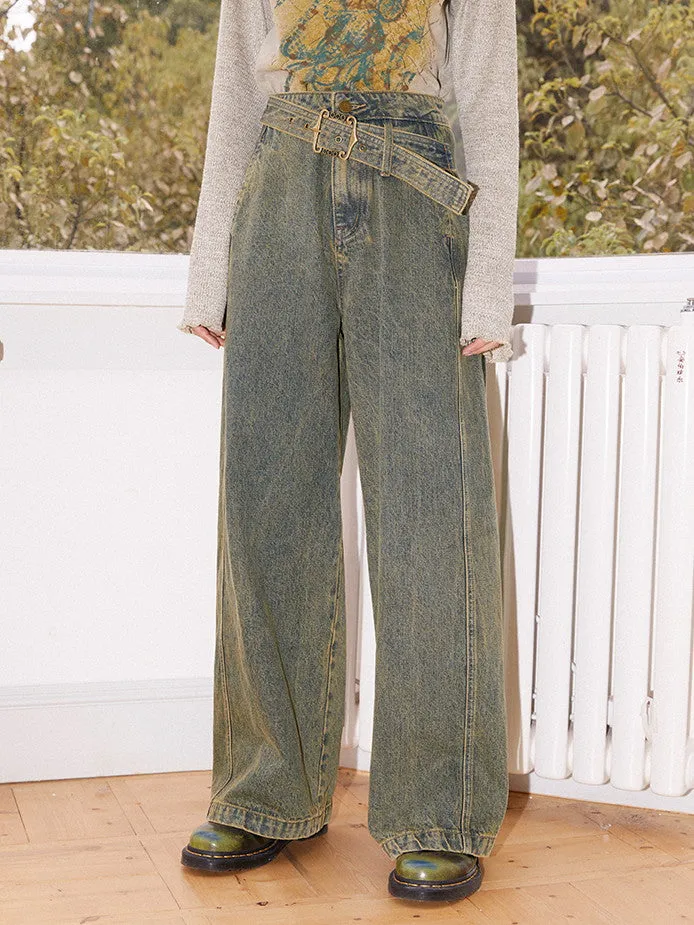 Denim High-Waist Belt Straight Casual Wide-Pants