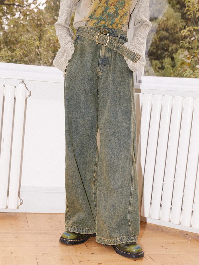 Denim High-Waist Belt Straight Casual Wide-Pants