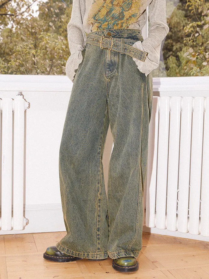 Denim High-Waist Belt Straight Casual Wide-Pants