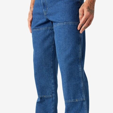 Dickies Men's Relaxed Fit Double Knee Jeans in Stonewashed Indigo Blue