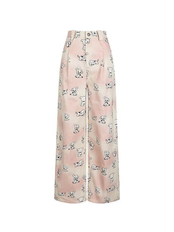 Dog Animal Wide-Leg High-Waist Girly Pants