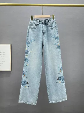 Embroidered denim wide-leg pants for women 2024 new spring high-waisted loose slimming Chinese-style national style floor-length