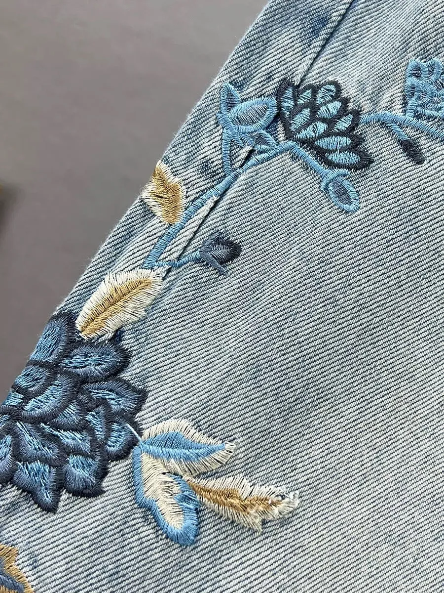 Embroidered denim wide-leg pants for women 2024 new spring high-waisted loose slimming Chinese-style national style floor-length