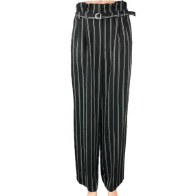 Express Women's Black Striped Wide Leg High Rise Belted Paperbag Trouser Pants 8