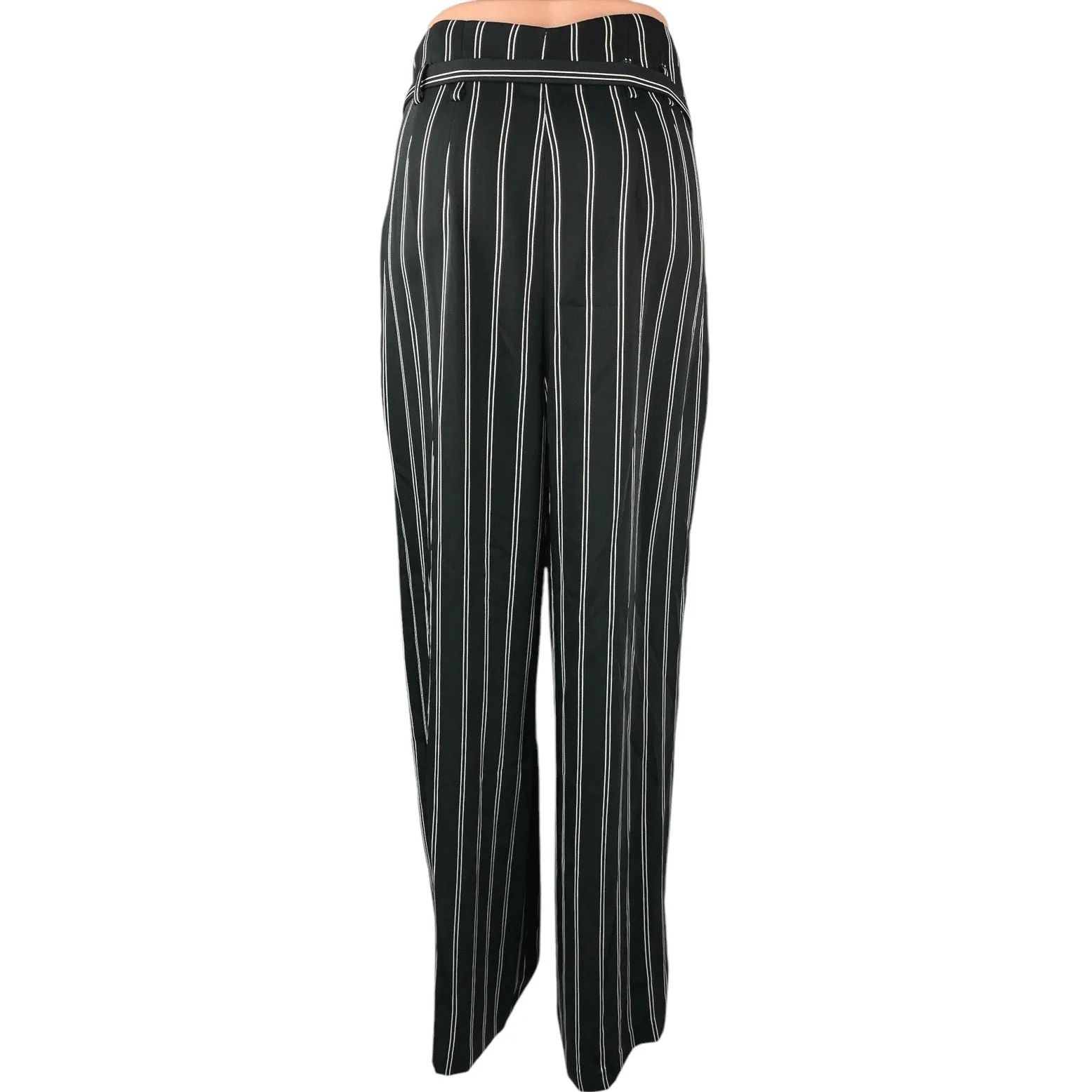 Express Women's Black Striped Wide Leg High Rise Belted Paperbag Trouser Pants 8