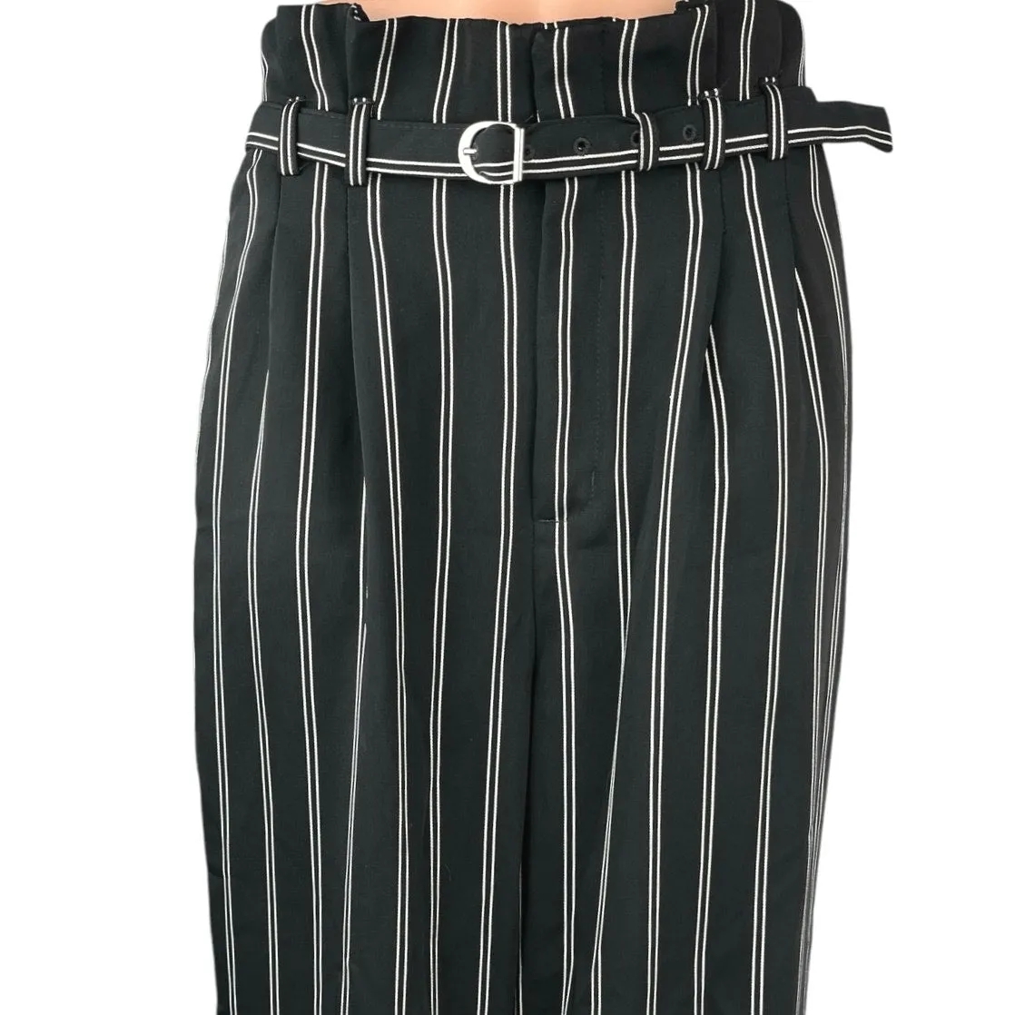 Express Women's Black Striped Wide Leg High Rise Belted Paperbag Trouser Pants 8