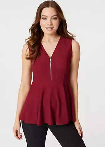 Izabel London Wine Zip Detail Sleeveless Peplum Top | Grattan