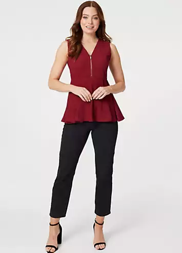 Izabel London Wine Zip Detail Sleeveless Peplum Top | Grattan