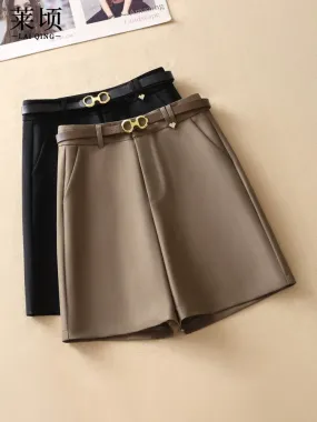 Khaki suit five-quarter pants women's shorts 2024 summer new slim and versatile high-waisted thin wide-leg A-line pants