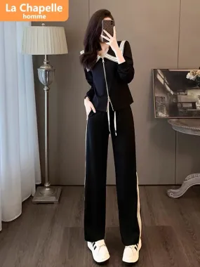 La Chapelle French Navy Collar Casual Sports Suit Women's Autumn 2023 New Small Fragrance Style Wide-Leg Pants Two-piece Set